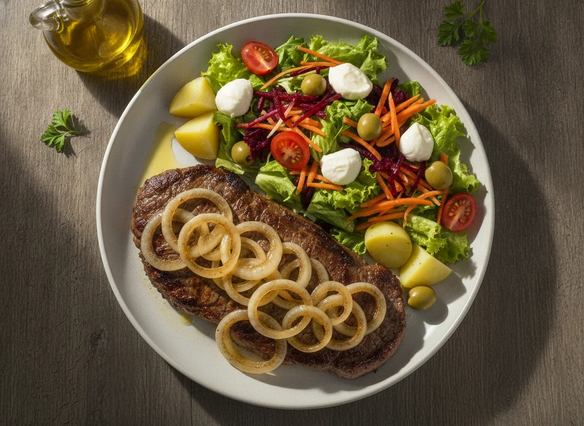 Bife acebolado com salada mista e queijo de búfala photo