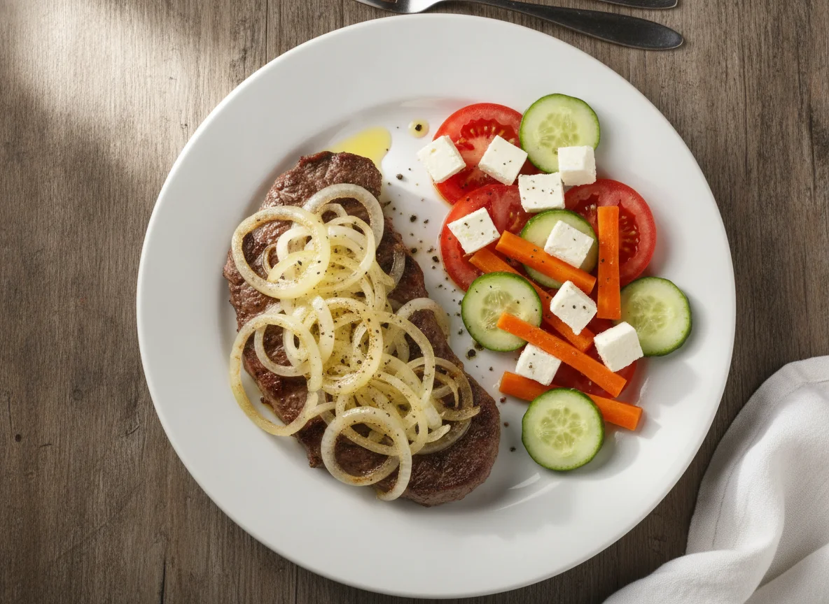 Bife acebolado com salada mista e queijo photo