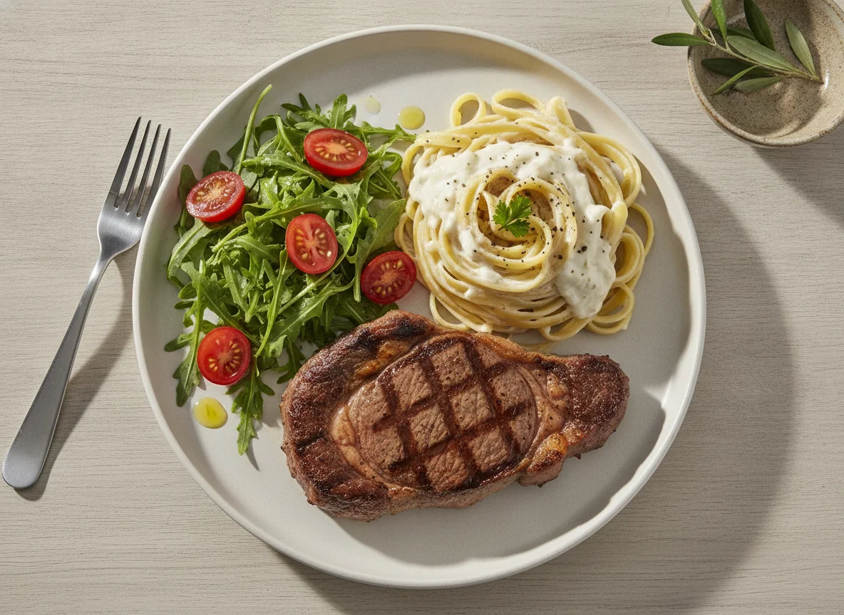 Bife Ancho com Fettuccine ao Molho Branco e Salada photo