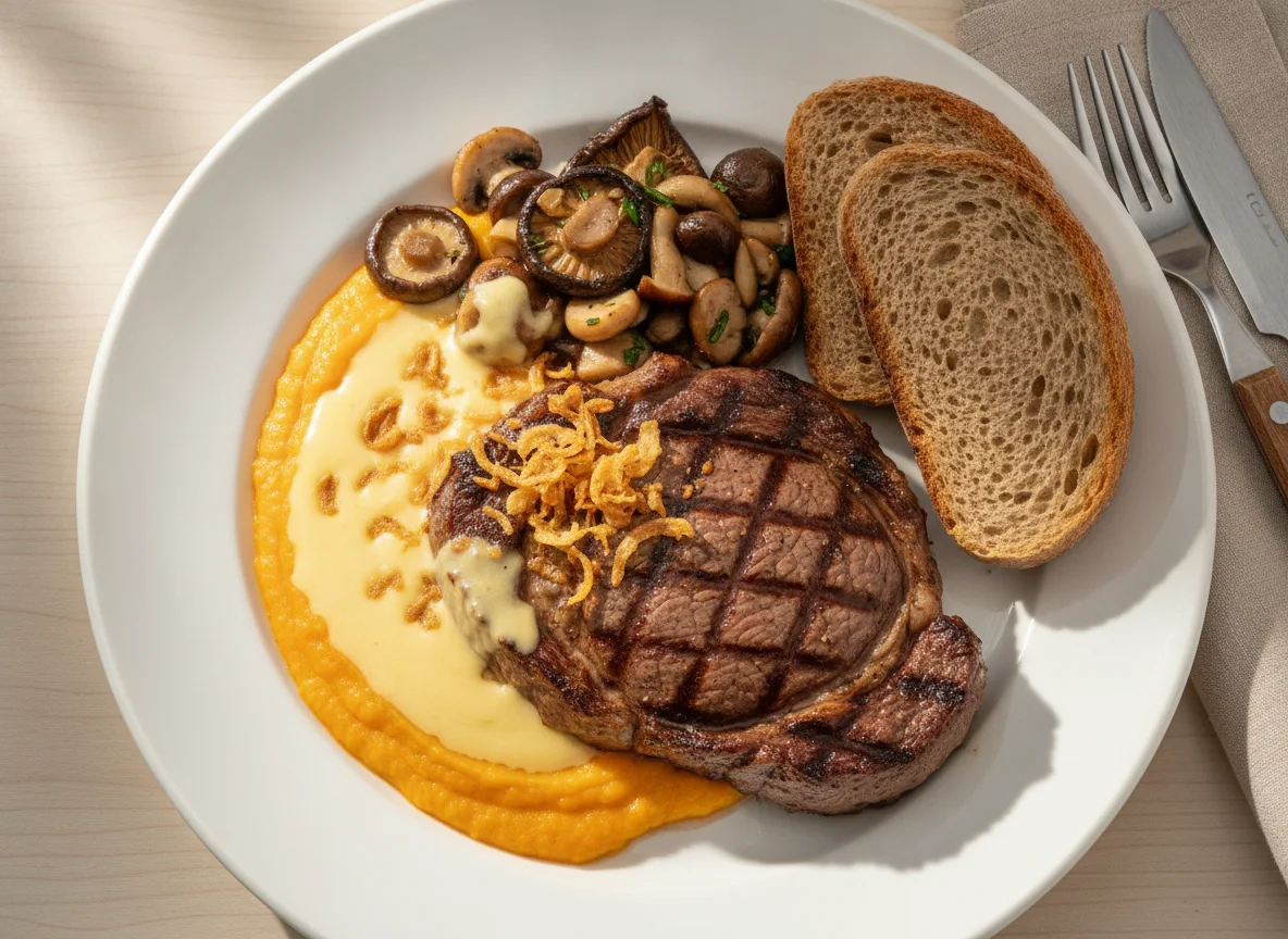 Bife Ancho com Purê de Abóbora e Cogumelos photo