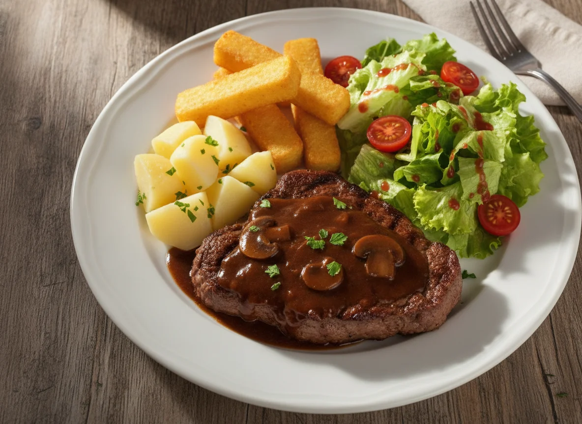 Bife ao molho com batatas e salada photo