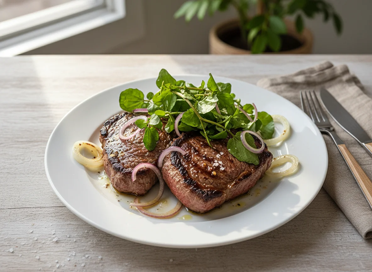Bife com Agrião e Cebola photo