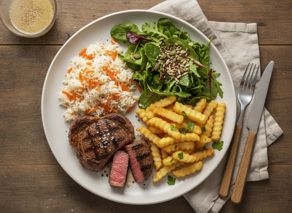 Bife com arroz, batata frita na airfryer e salada photo