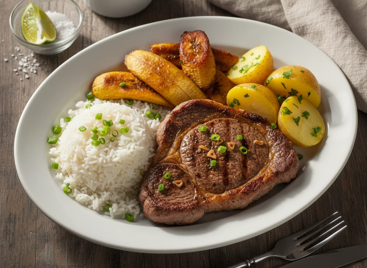 Bife com arroz, batatas e banana frita photo