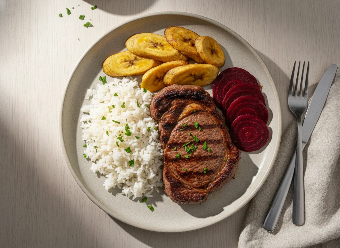 Bife com arroz, beterraba e banana da terra photo