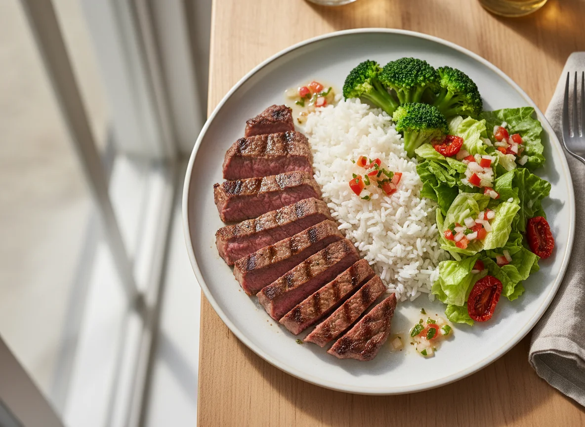 Bife com Arroz, Brócolis e Salada photo