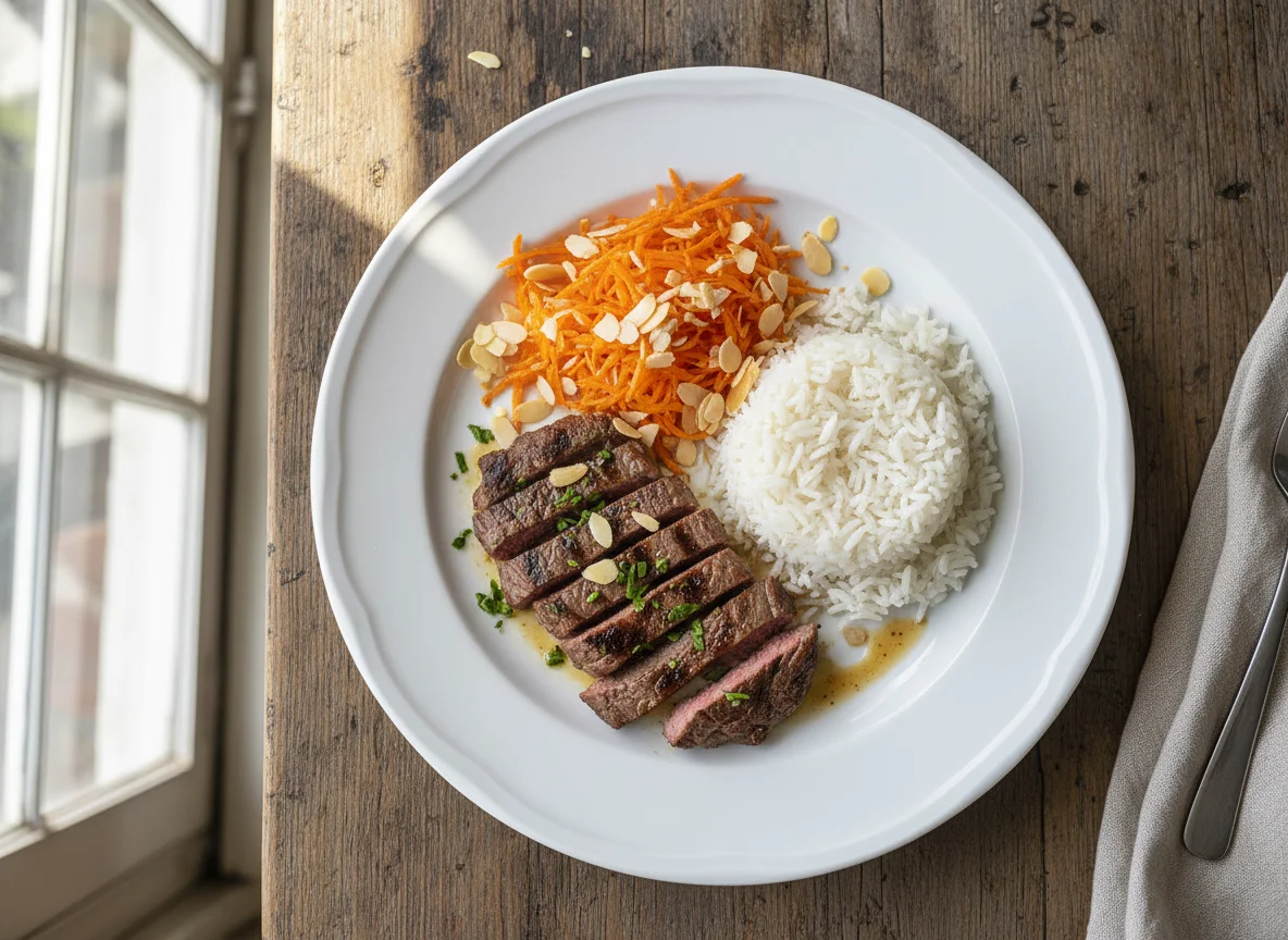 Bife com arroz, cenoura e amêndoas photo