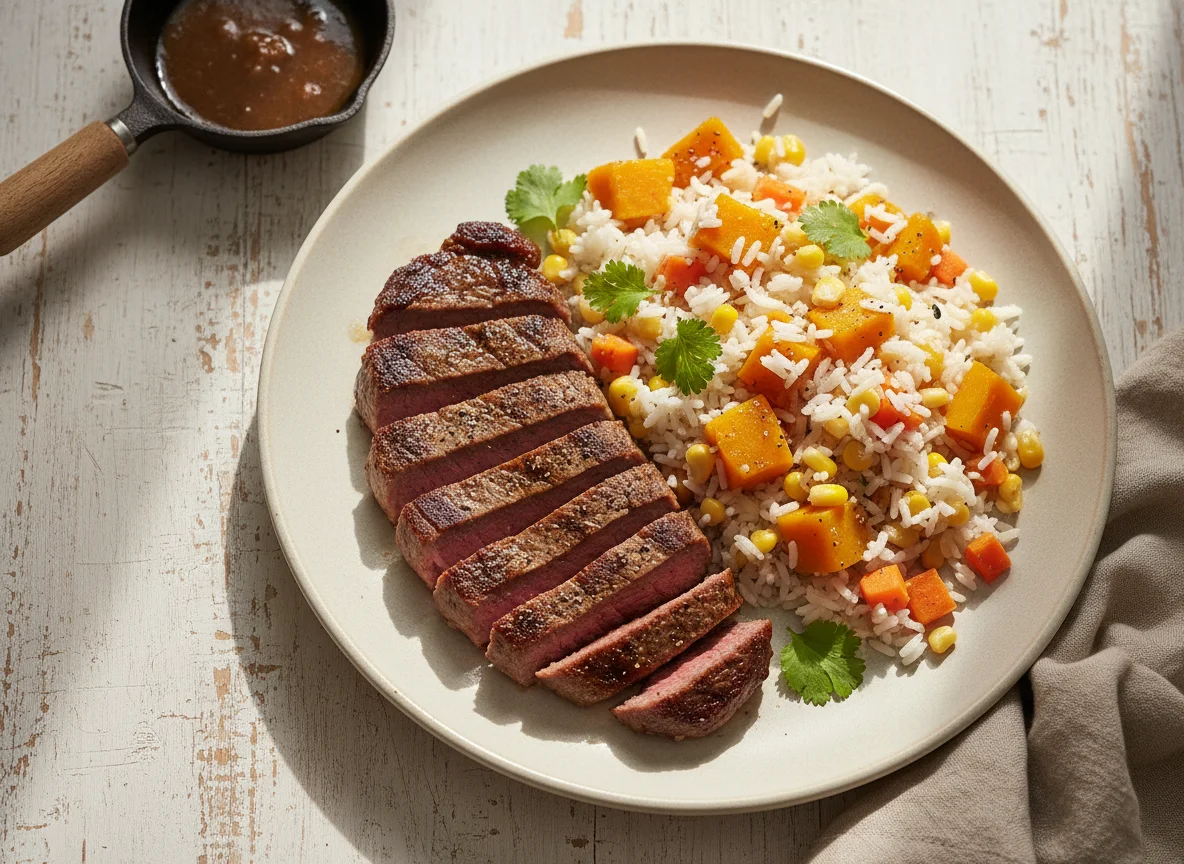 Bife com arroz de abóbora photo