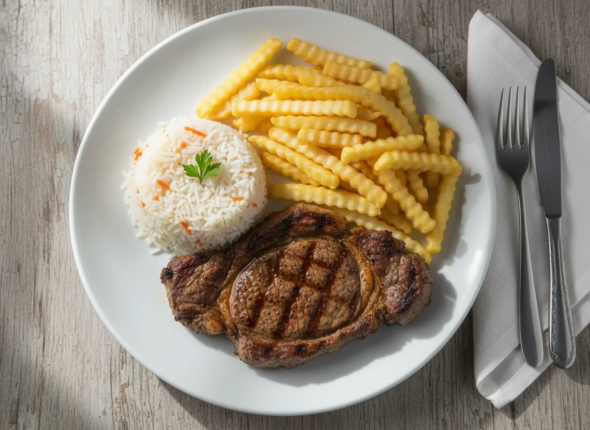 Bife com arroz e batata frita photo