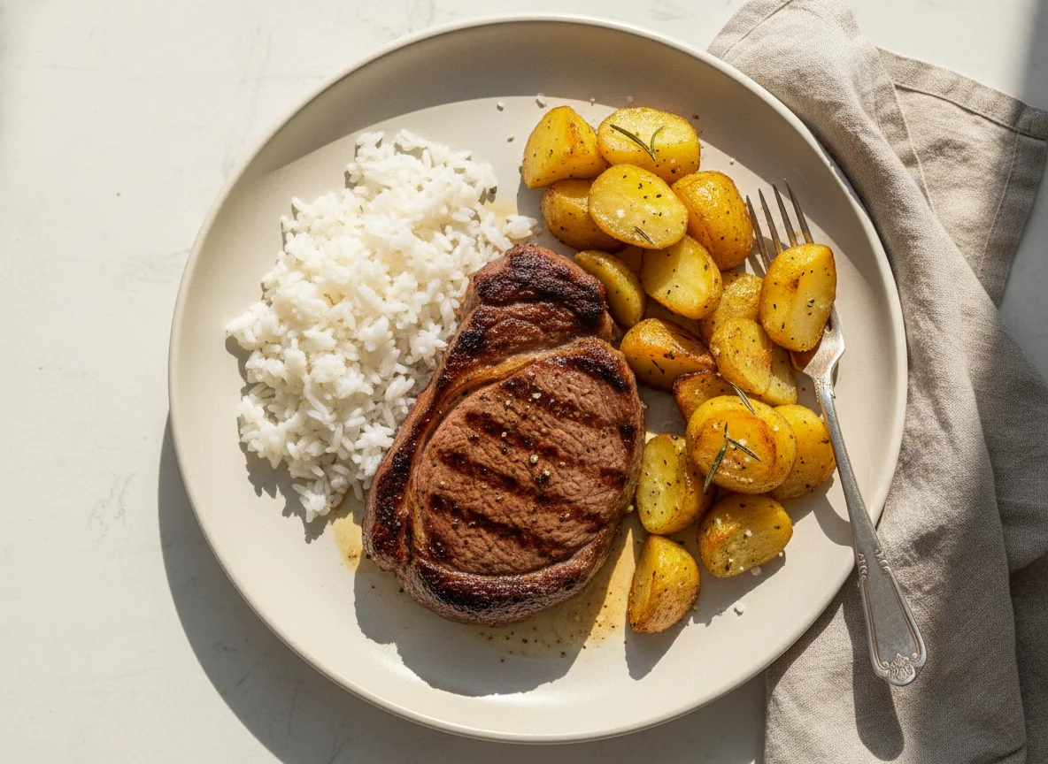 Bife com arroz e batatas assadas photo
