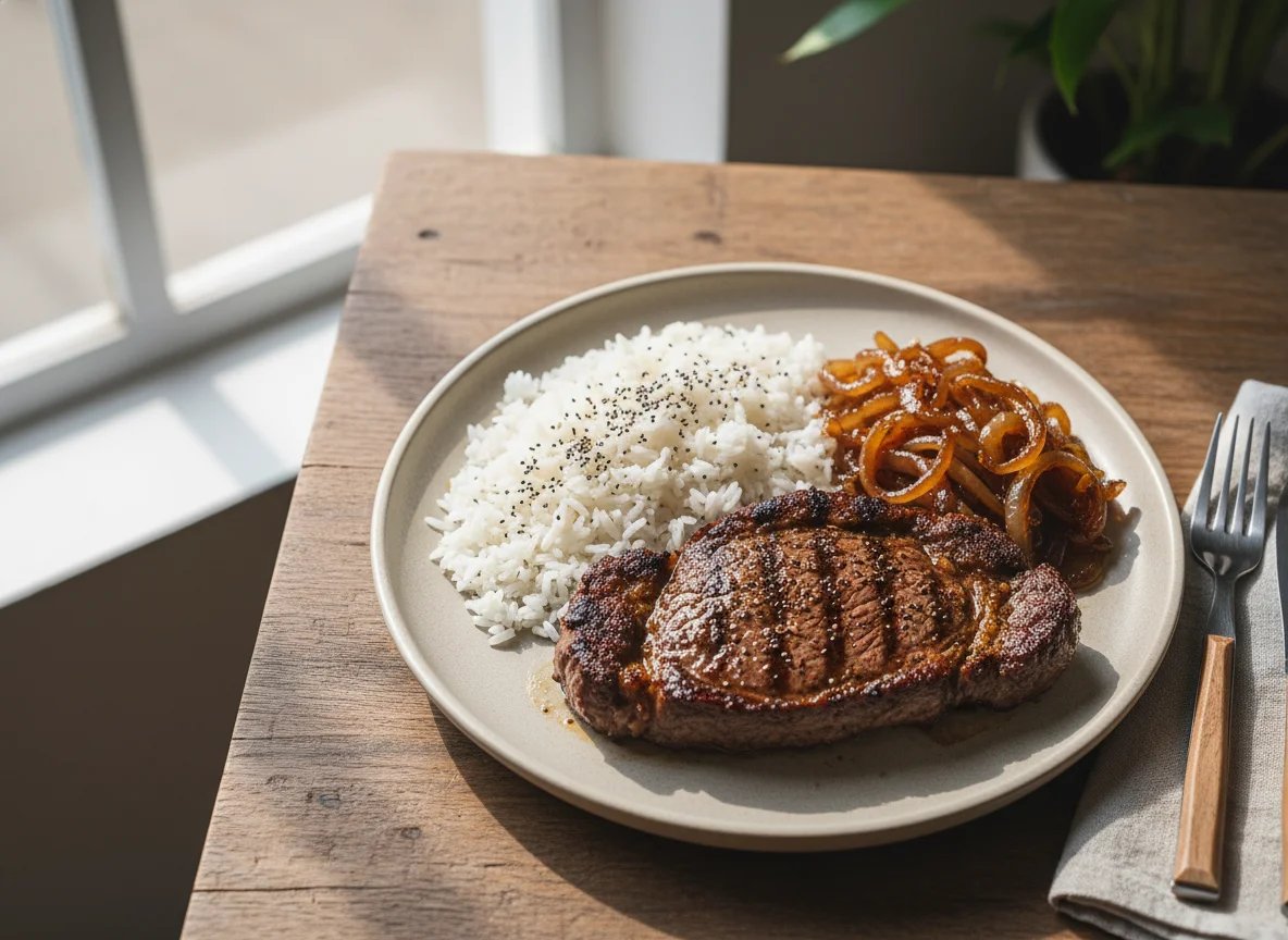Bife com arroz e cebola caramelizada photo