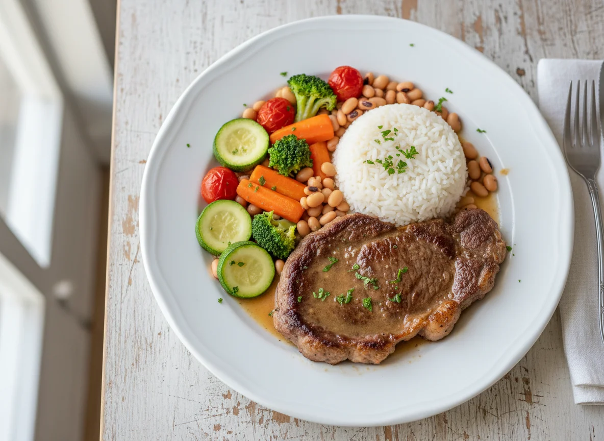 Bife com arroz e legumes photo
