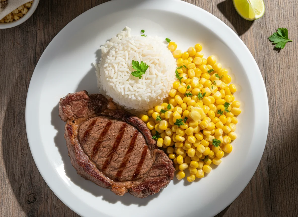 Bife com Arroz e Milho photo