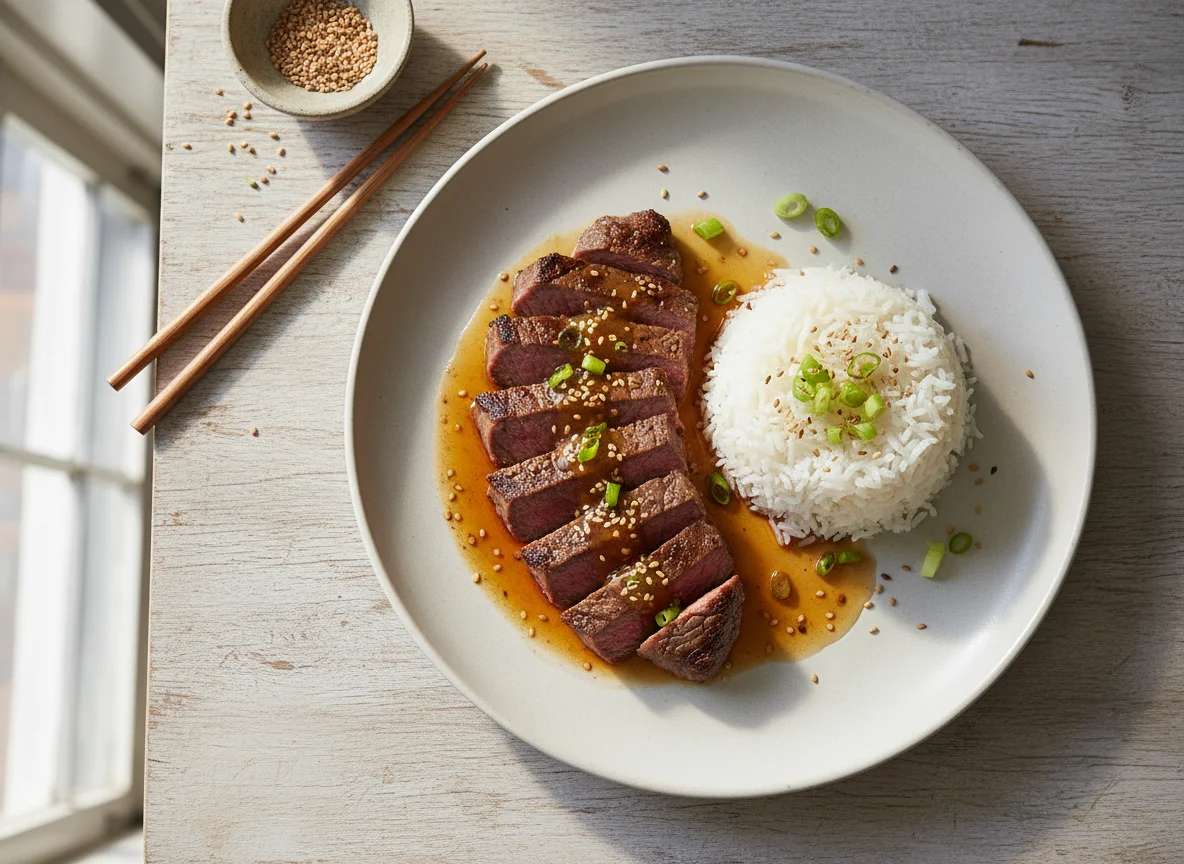 Bife com arroz e molho agridoce photo