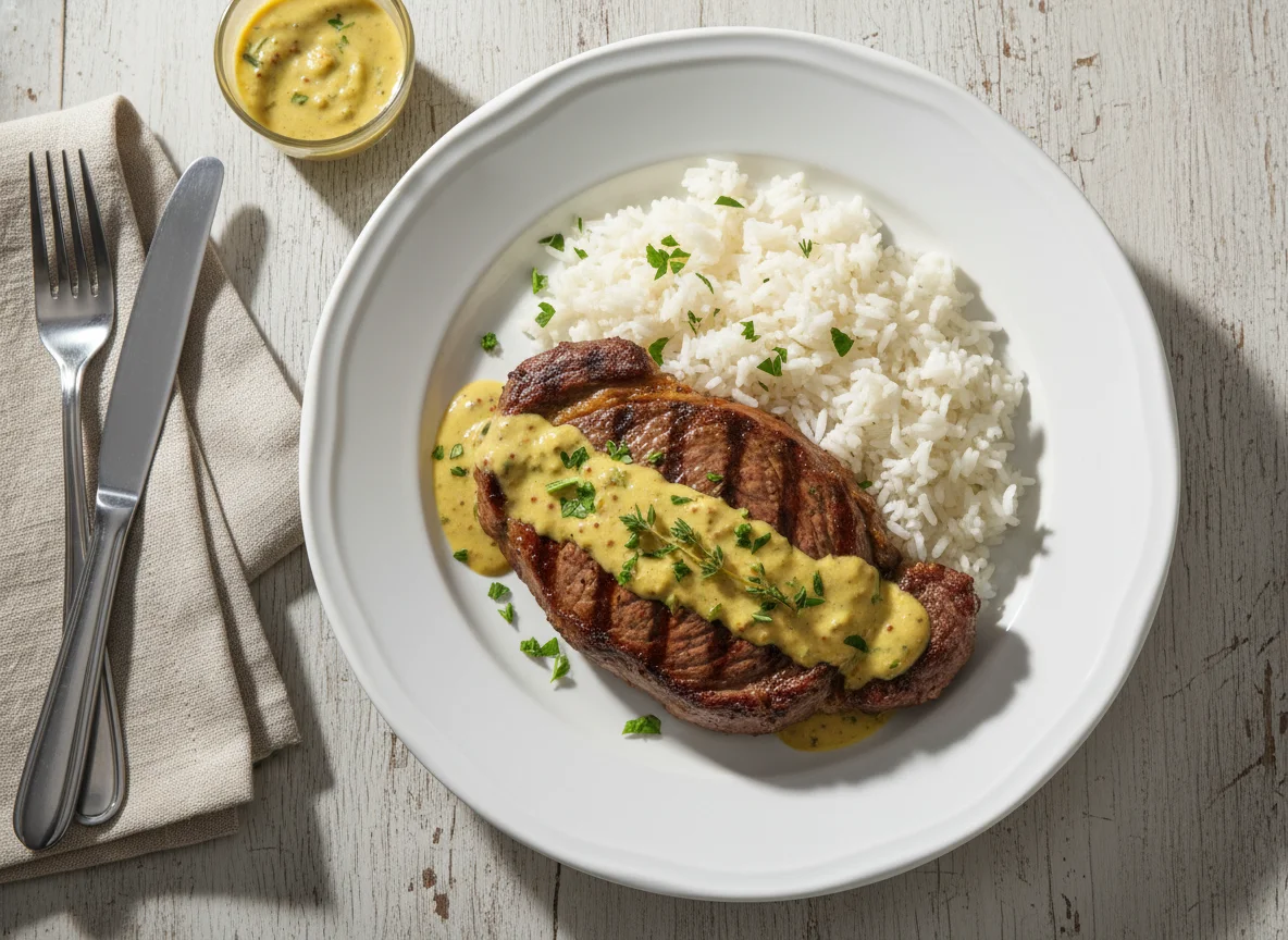 Bife com arroz e molho photo