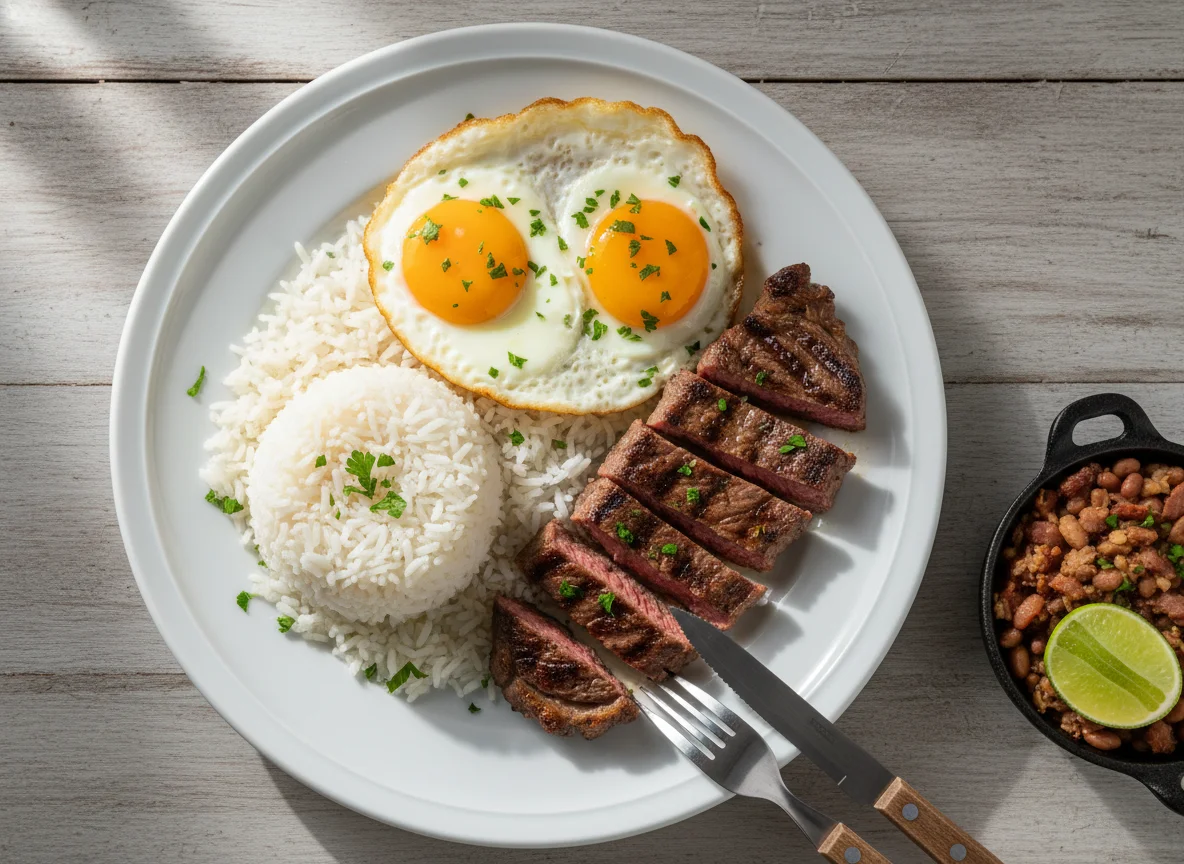 Bife com arroz e ovos fritos photo