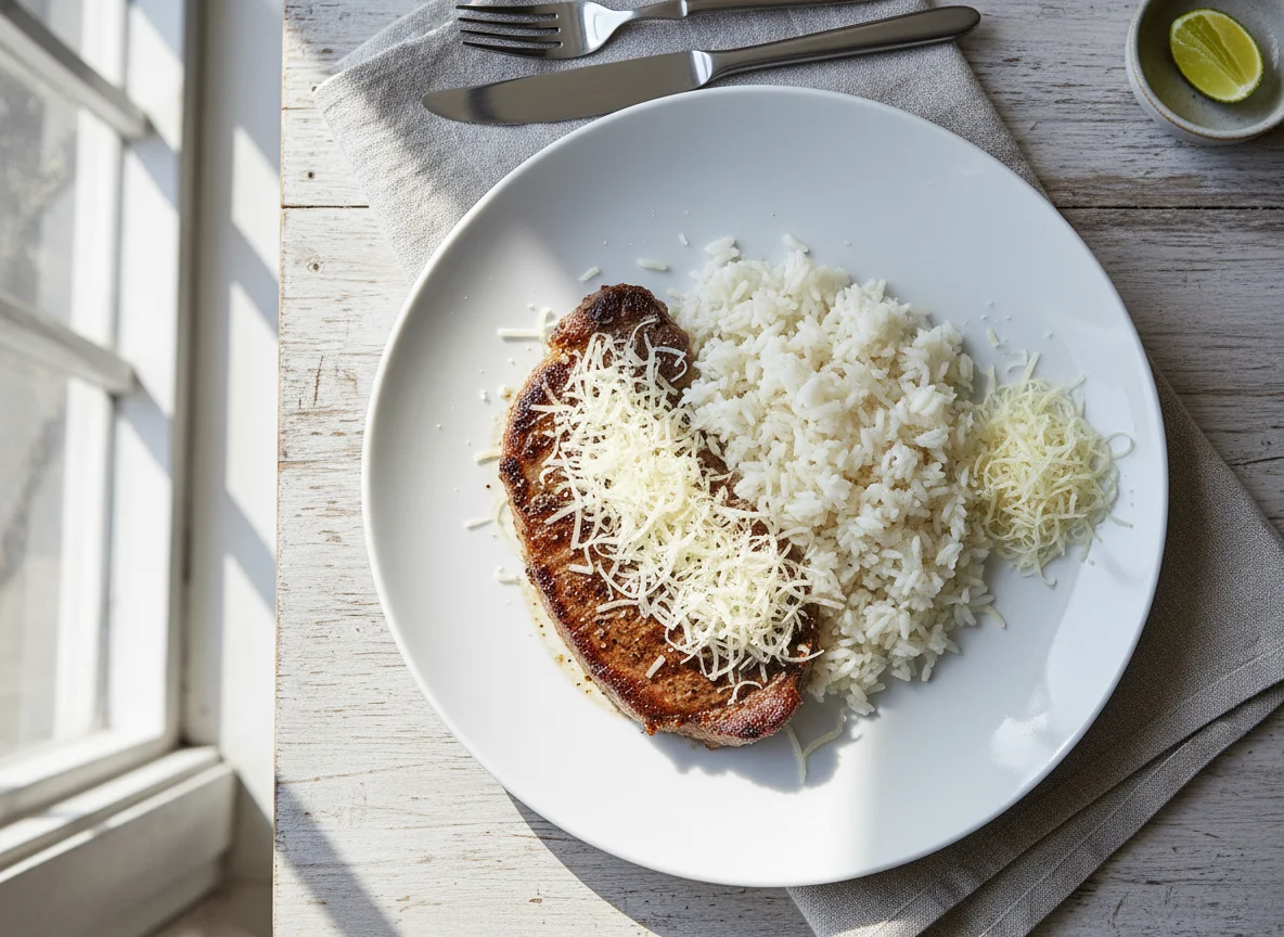 Bife com Arroz e Queijo Ralado photo