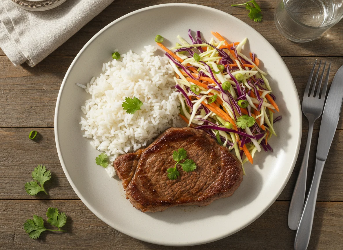 Bife com arroz e salada de repolho photo
