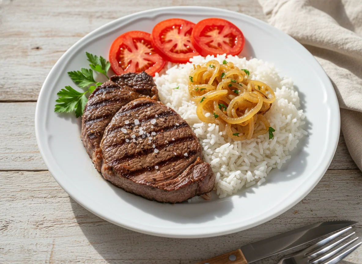 Bife com arroz e tomate photo