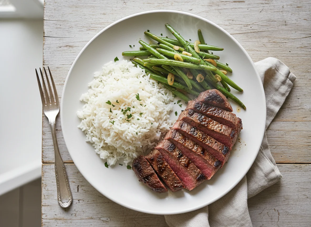 Bife com arroz e vagem refogada photo