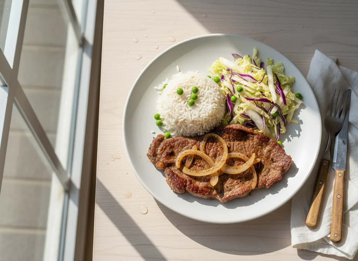 Bife com arroz, ervilhas e salada de repolho photo