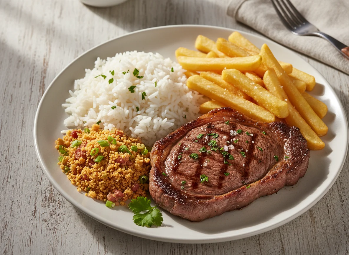 Bife com Arroz, Farofa e Batata Frita photo