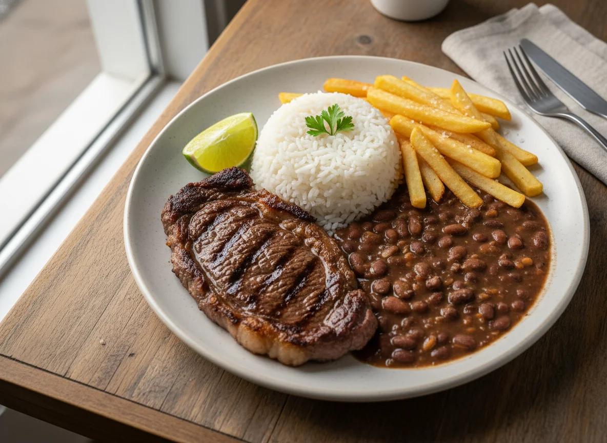 Bife com arroz, feijão e batata frita photo