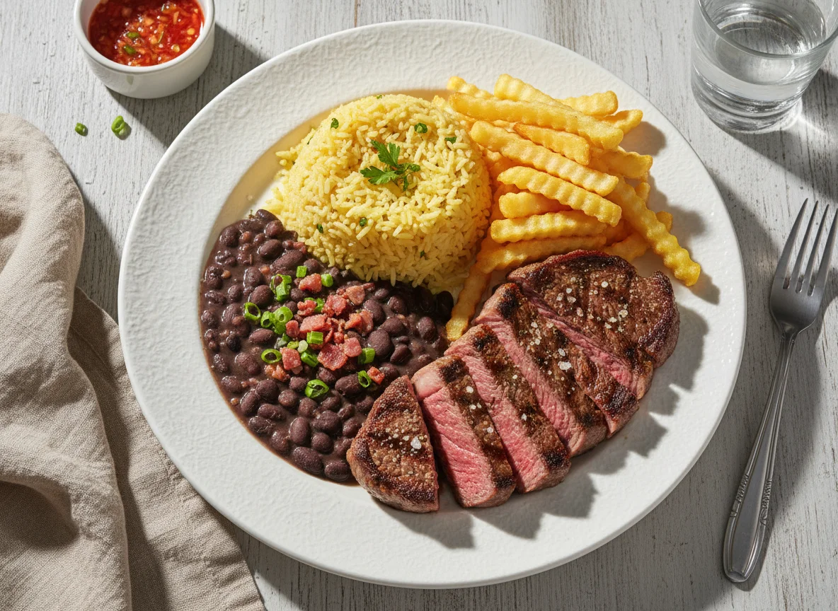 Bife com arroz, feijão e batatas fritas photo