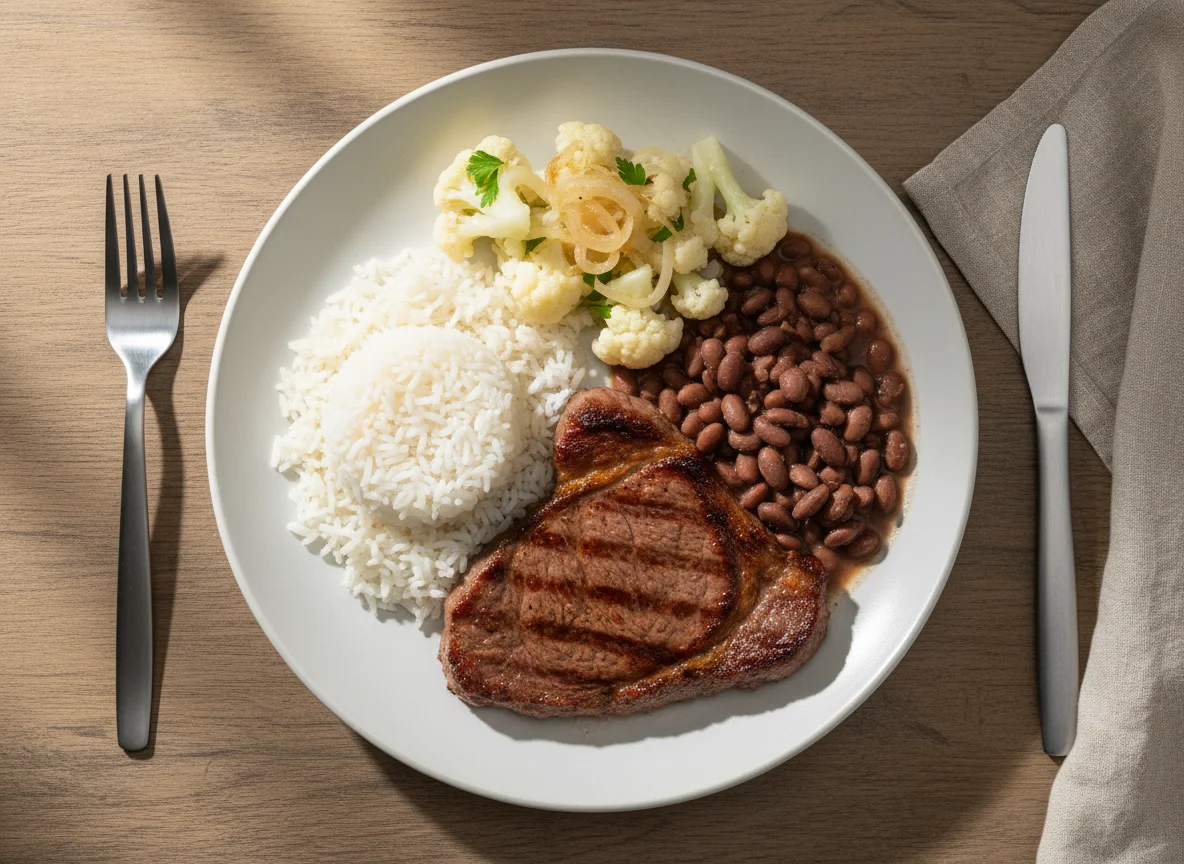 Bife com Arroz, Feijão e Couve-flor photo