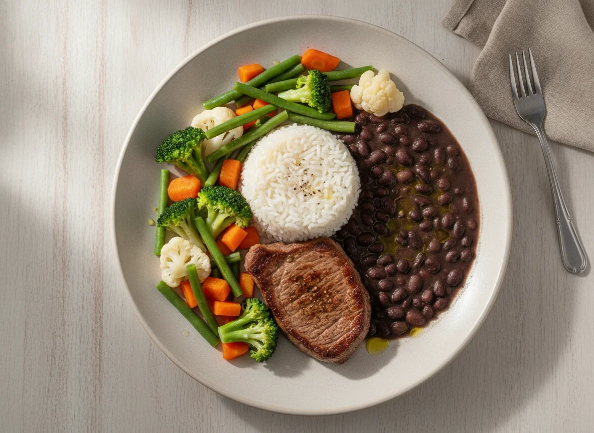 Bife com arroz, feijão e legumes photo