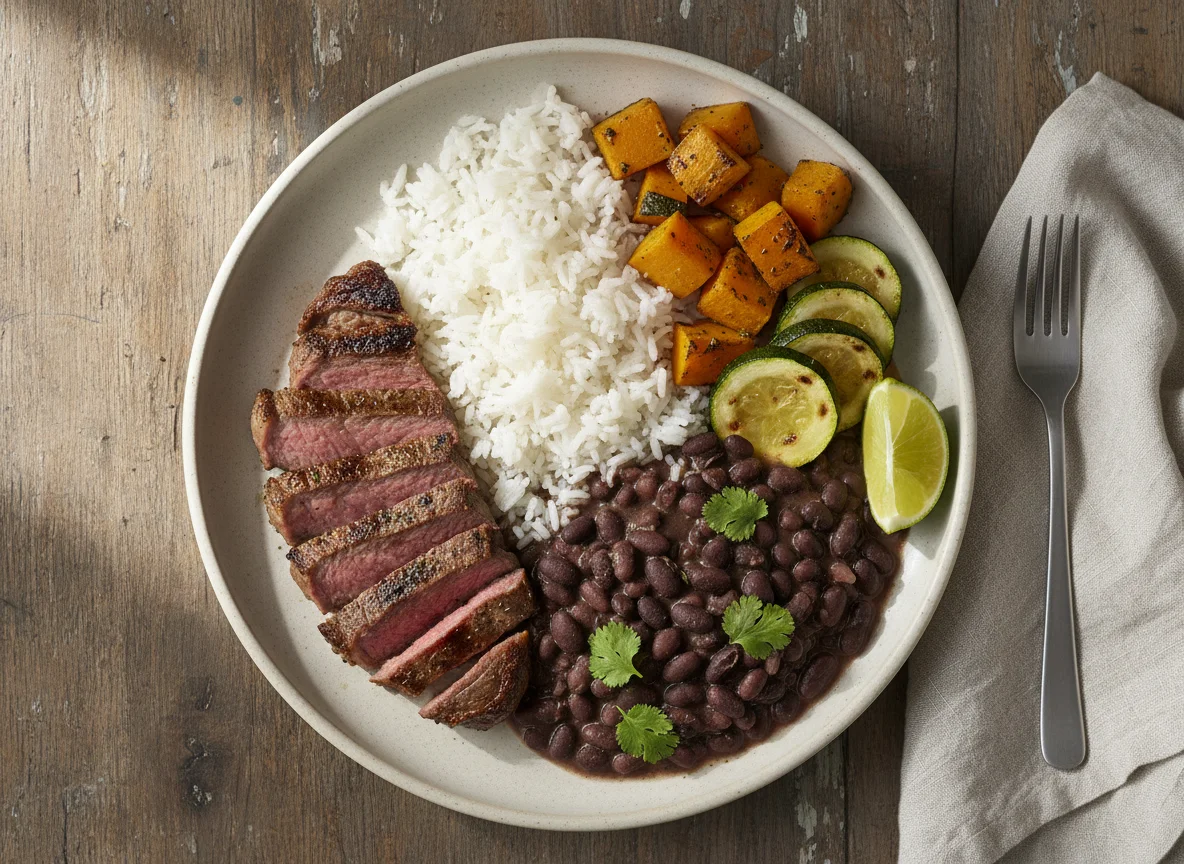 Bife com arroz, feijão e legumes assados photo
