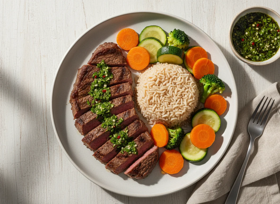 Bife com arroz integral e legumes photo