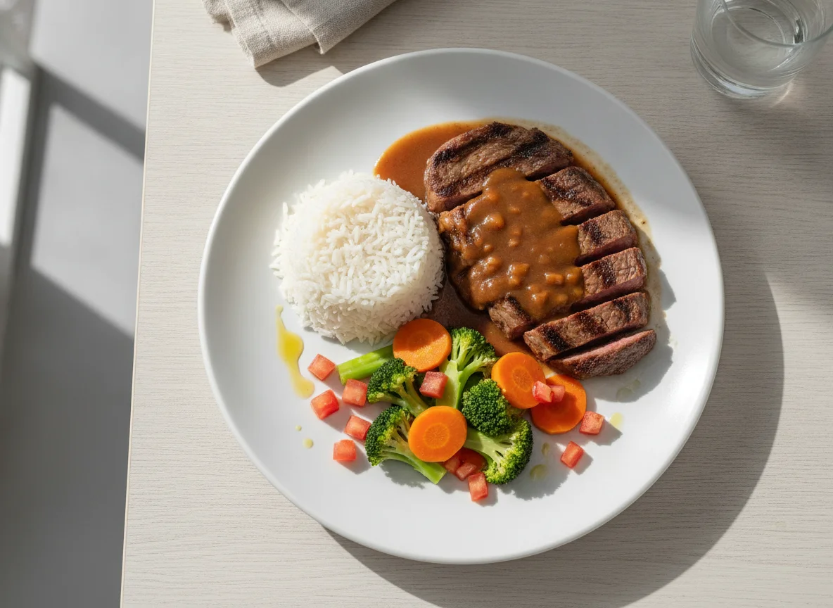 Bife com arroz, legumes e molho photo