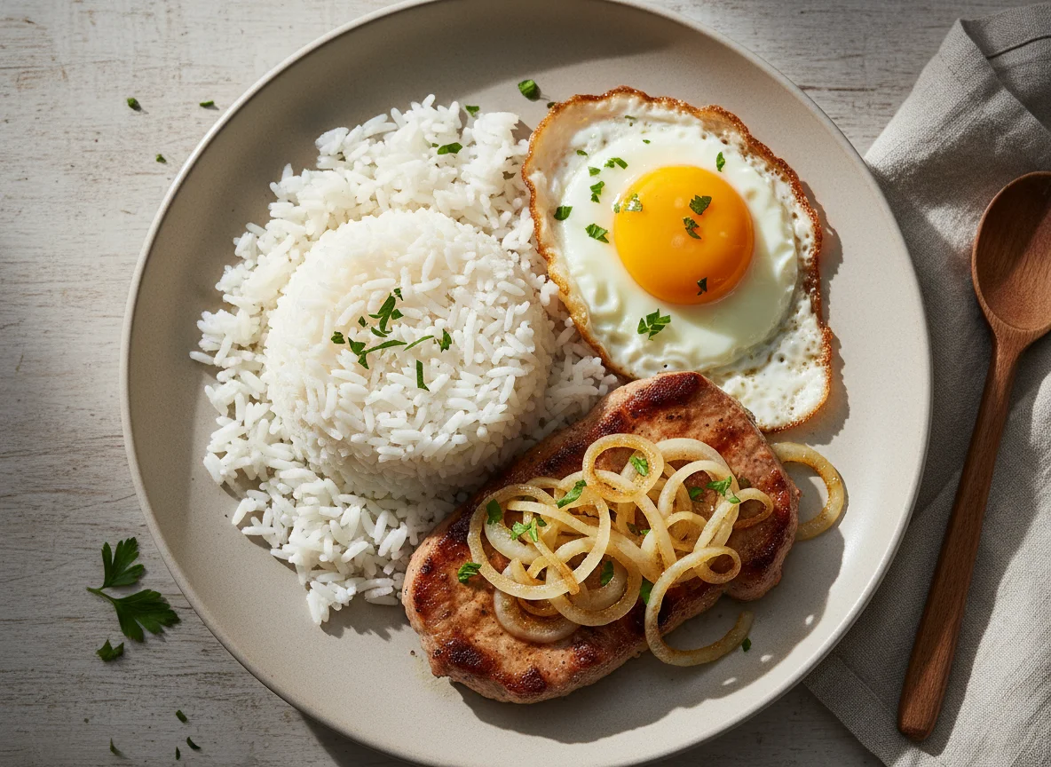 Bife com arroz, ovo e cebolada photo