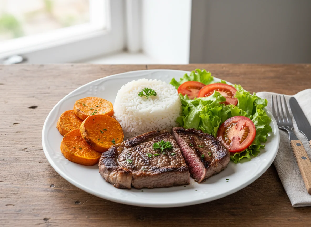 Bife com arroz, salada e batata doce photo