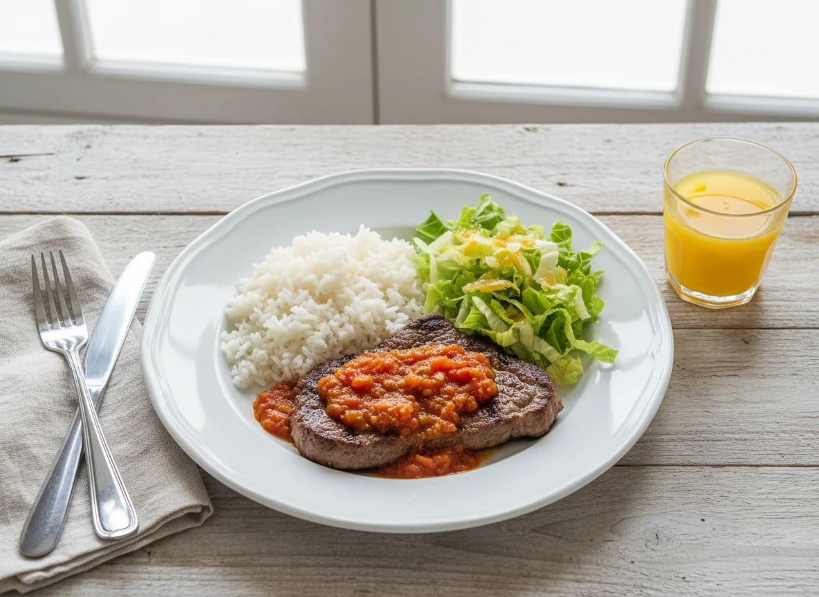 Bife com arroz, salada e molho photo
