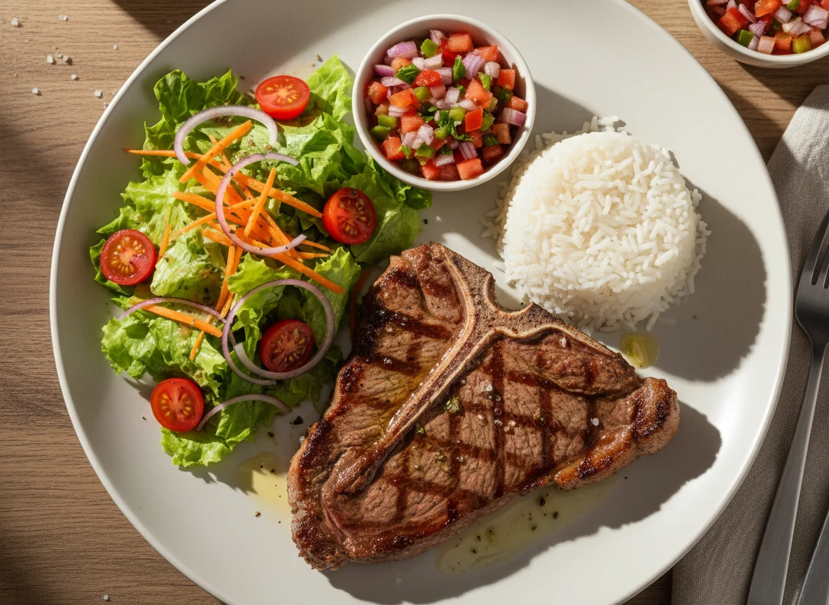 Bife com arroz, salada e vinagrete photo