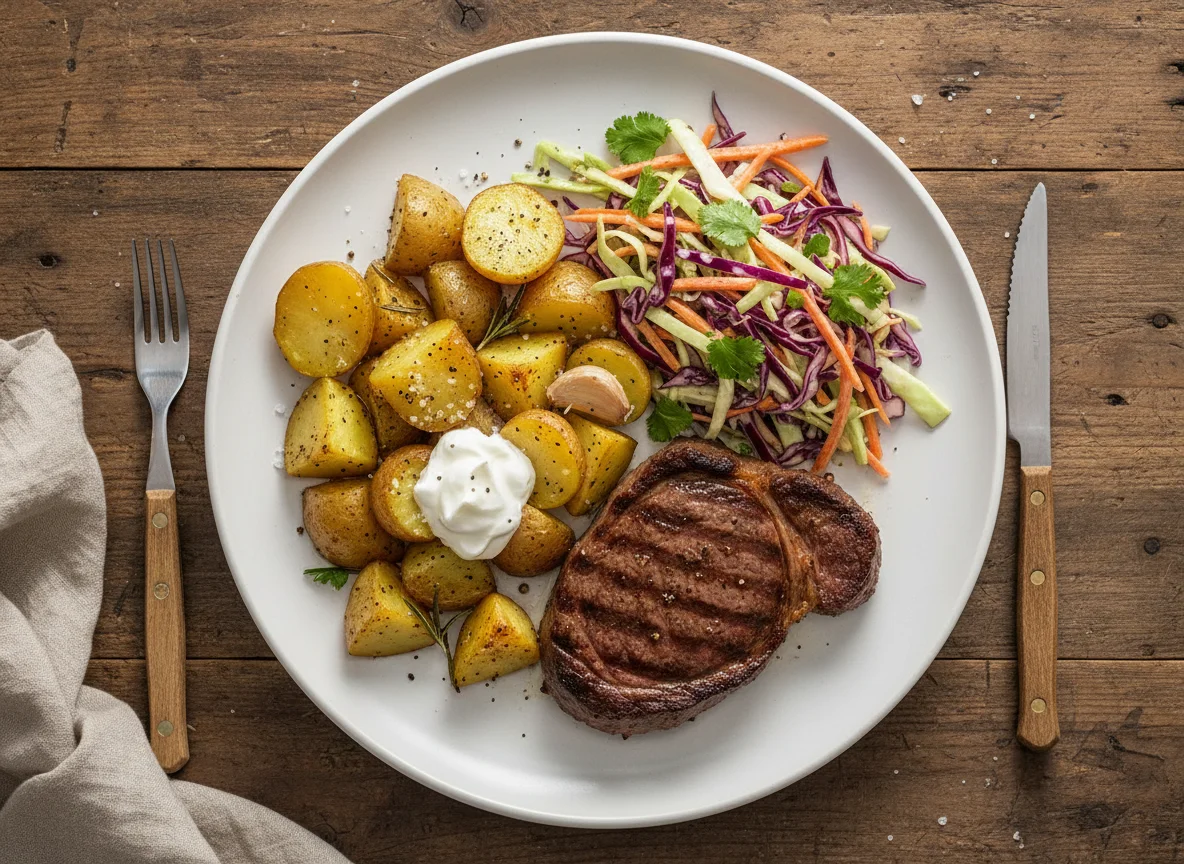 Bife com batata assada e salada coleslaw photo