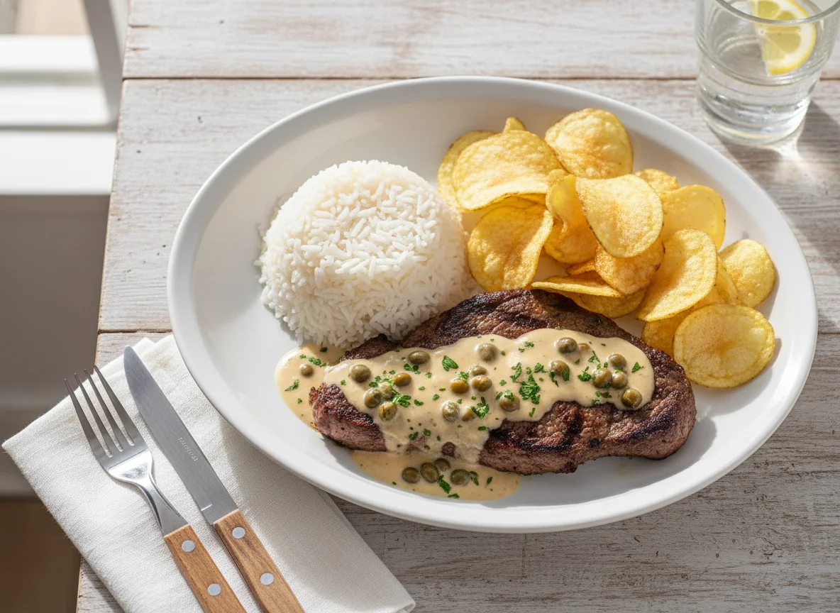 Bife com batata chips e arroz photo