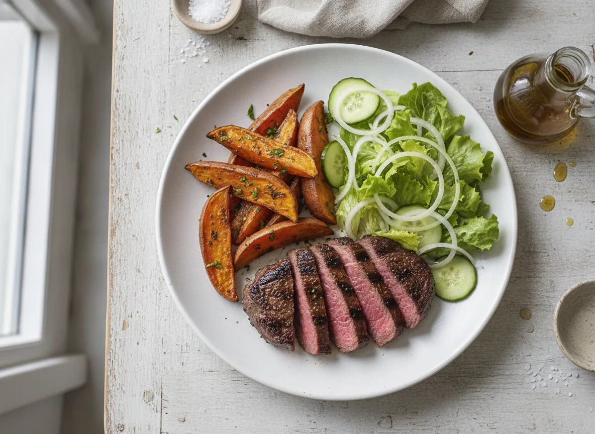 Bife com batata doce assada e salada mista photo