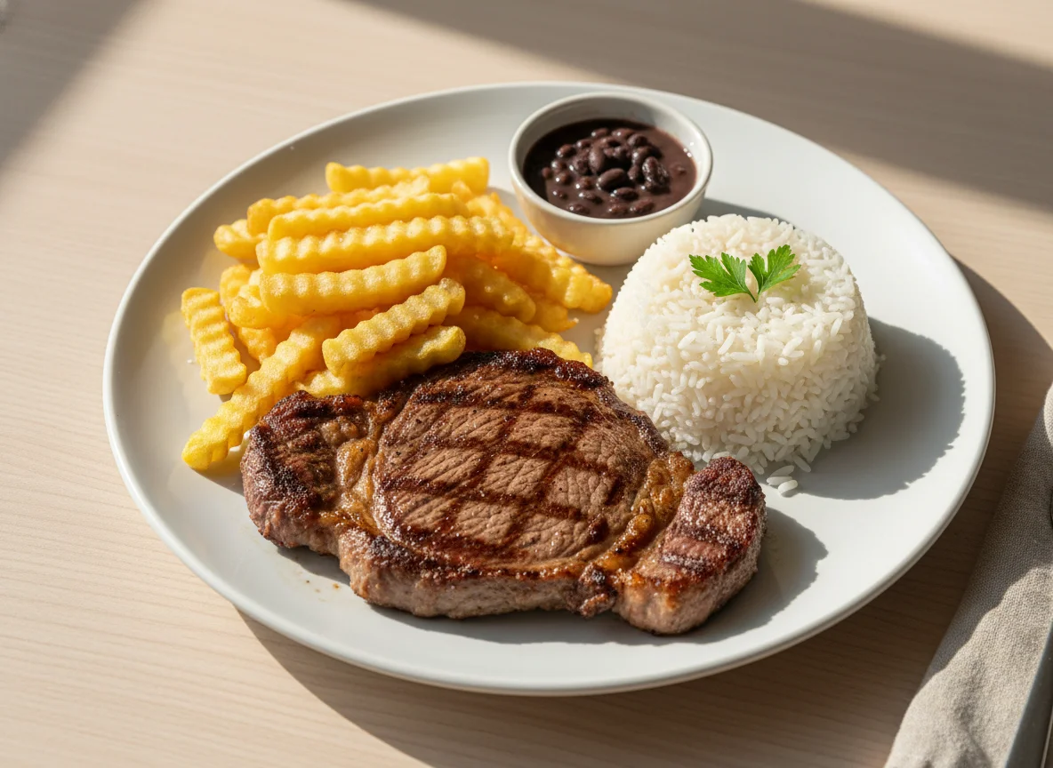 Bife com batata frita e arroz photo