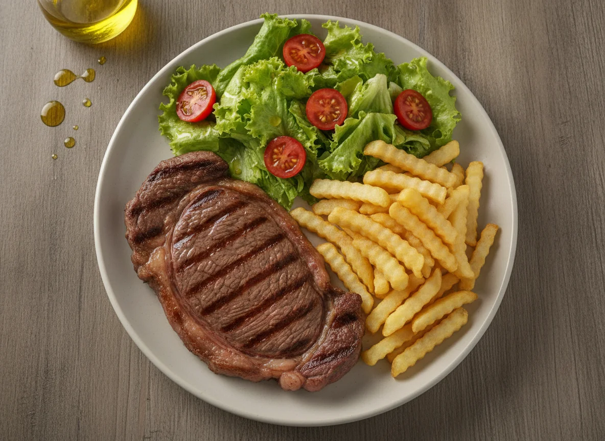 Bife com batata frita e salada photo