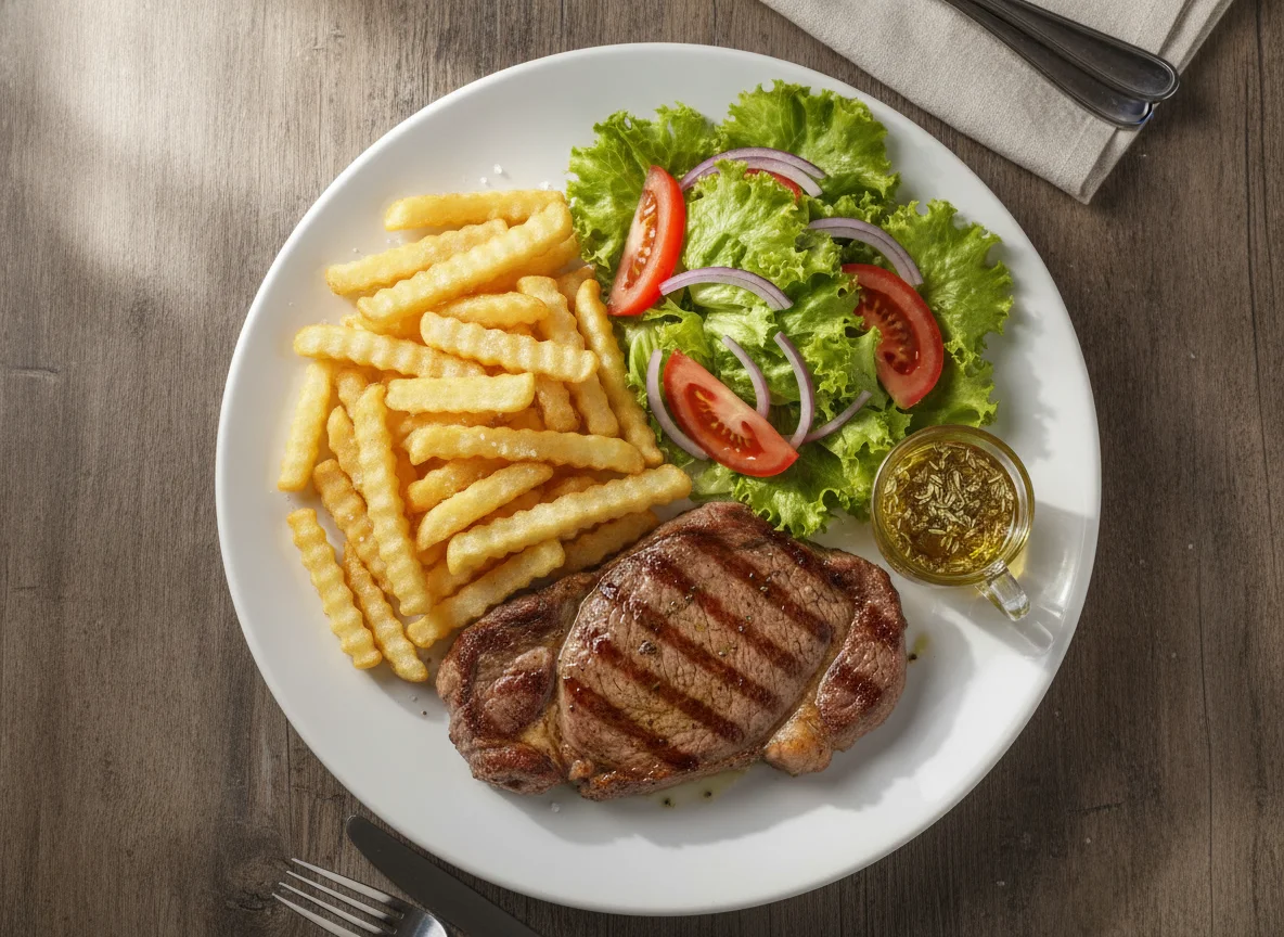 Bife com batata frita e salada mista photo
