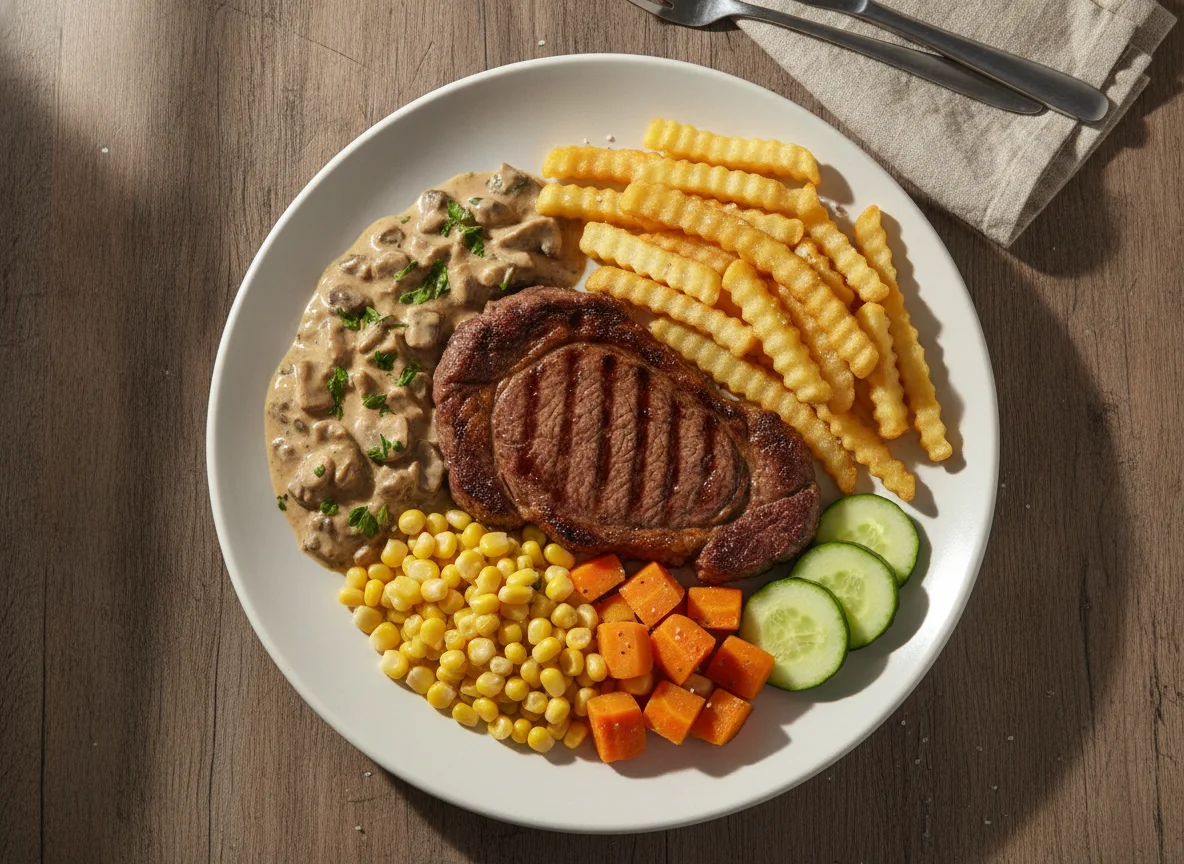 Bife com batata frita, molho de cogumelos e vegetais photo