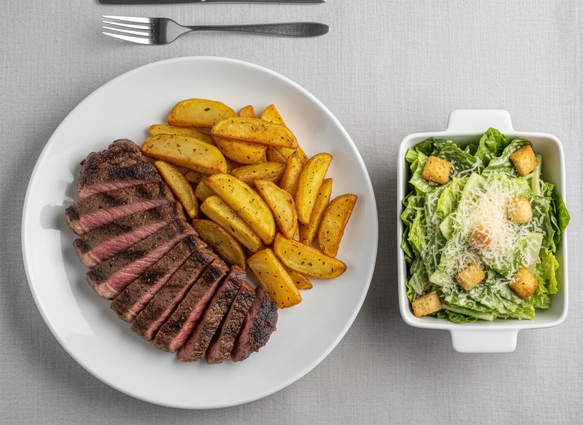 Bife com batata rústica e salada Caesar photo