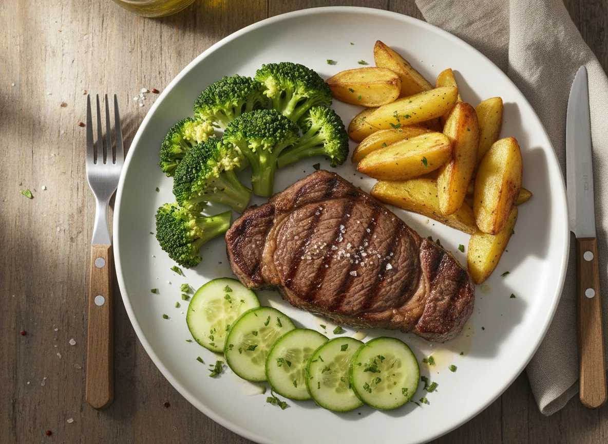 Bife com batatas, brócolis e pepino photo