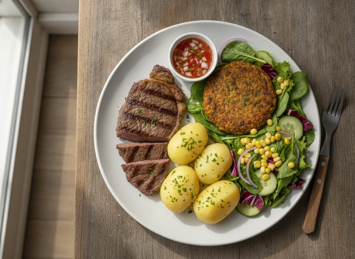 Bife com batatas cozidas e salada mista photo