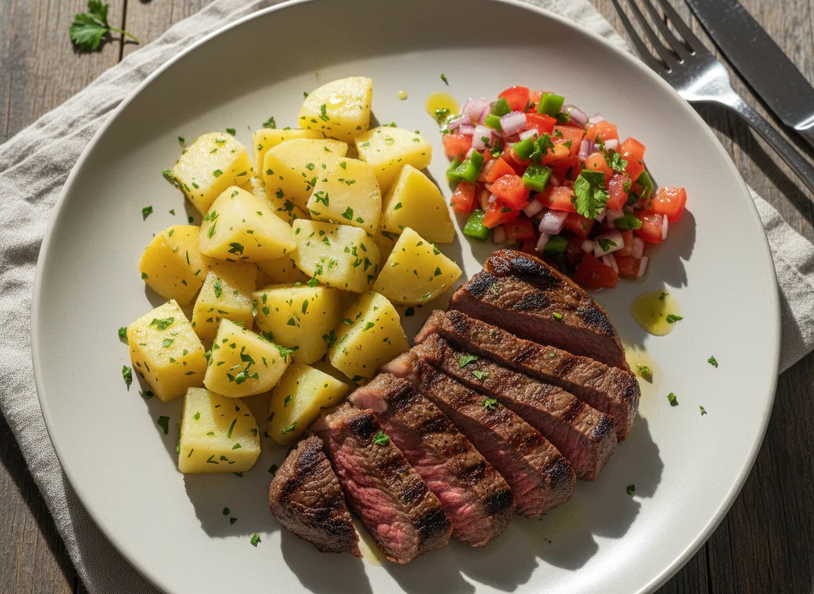 Bife com batatas e vinagrete photo