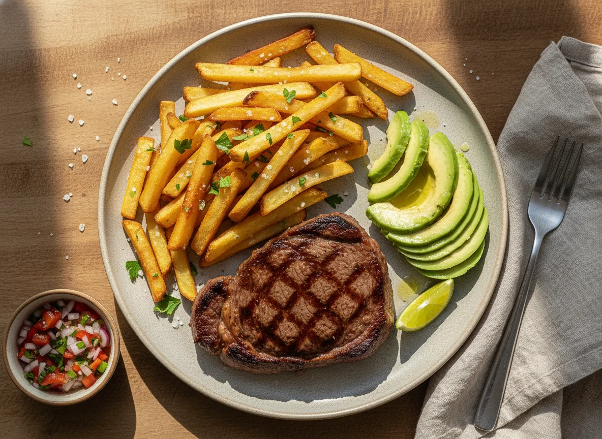 Bife com batatas fritas e abacate photo