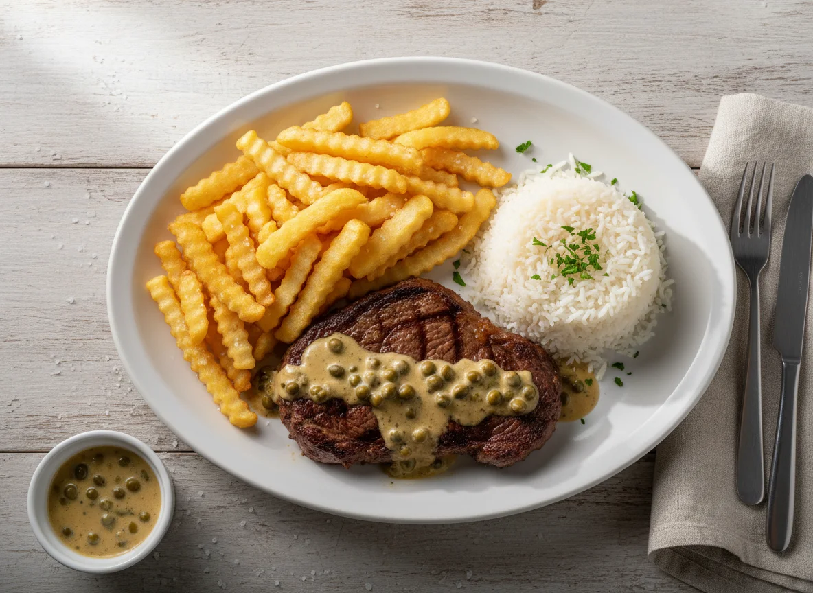 Bife com batatas fritas e arroz photo